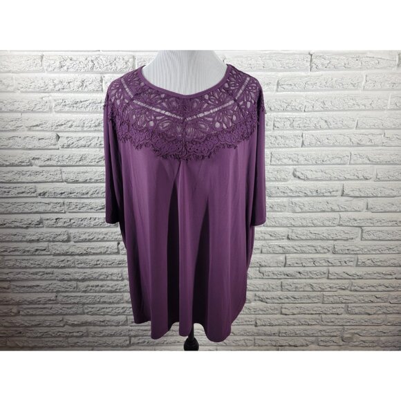 Terra Sky Womens Top 2X Plus Short Sleeve Purple Lace Poly Blend Stretchy PUR55E - Picture 1 of 9